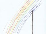 dessin représentant une croix d’où partent des lignes colorées formant un arc-en-ciel