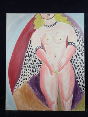 un tableau représentant une femme nue vêtue d'une cape à imprimé léopard
