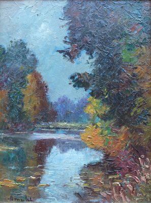 an oil painting of a river in a wooded area with trees