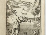an old book with a drawing of a man standing on a boat