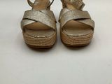 a pair of gold sandals on a white background