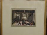 framed picture of a painting of a living room with a dog sitting on the floor