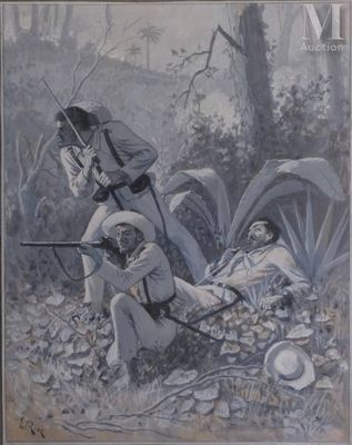 painting of two men with guns in a wooded area