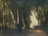 un tableau représentant un homme assis sur un banc dans les bois