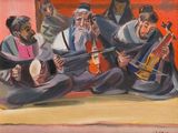 une peinture à l'huile représentant un groupe de musiciens jouant de leurs instruments