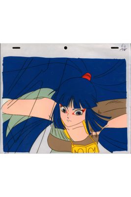 a cartoon picture of a woman with blue hair and a red apple
