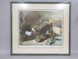 framed painting of a woman sitting on a beach with a parasol