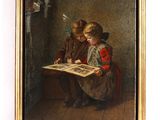 tableau représentant deux enfants en train de lire un livre dans un coin d'une pièce