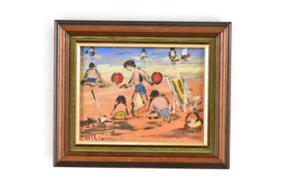 tableau représentant des enfants jouant dans le sable par une journée ensoleillée