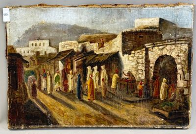 an oil painting of a street scene with people walking down the street