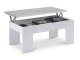une table basse blanche sur laquelle est posé un ordinateur portable
