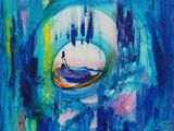 a painting of a person on a surfboard in a blue tunnel