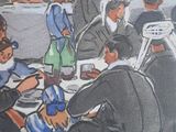 a painting of a group of people sitting around a table