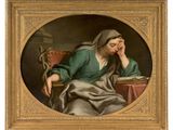 an image of a painting of a woman sitting in a chair with her hand on her face