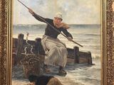 un vieux tableau représentant une femme sur un bateau et un homme sur la plage