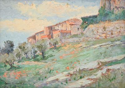 une peinture à l'huile représentant une colline au sommet de laquelle se trouve un village