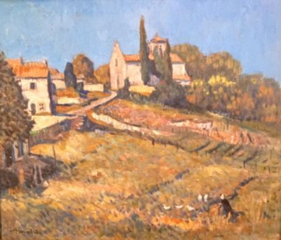 an oil painting of a farm scene with cows grazing in a field
