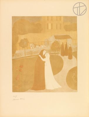 painting of a woman in a white dress and a man in a brown cloak