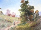 painting of a man walking down a dirt road in the country
