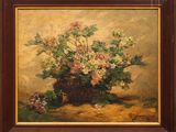 une peinture à l'huile représentant des fleurs dans un panier posé sur une table