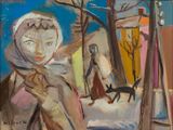 tableau représentant une femme et un chien dans un paysage enneigé