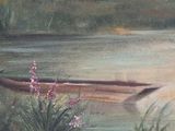 a painting of a boat on the water with flowers in the foreground