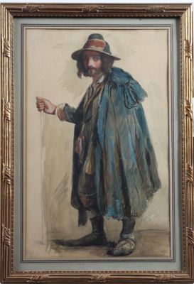 painting of a man in a blue coat and hat pointing at something
