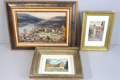 R. VINCENT (?) : - Deux paysages urbains - Paysage de bord d…