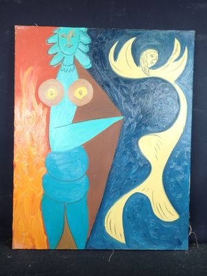 une peinture abstraite représentant une femme avec un poisson sur fond bleu