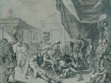 dessin représentant un groupe d'hommes debout autour d'un homme allongé par terre