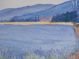 a watercolor painting of a man and a dog by the water