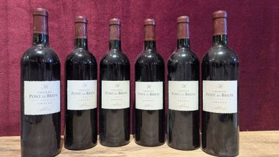 six bottles of red wine are lined up on a wooden table