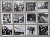 several black and white photographs of people on a city street