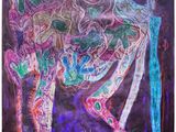 painting of a giraffe standing in front of a purple background
