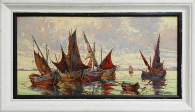 une peinture à l'huile représentant un groupe de bateaux flottant à la surface d'un plan d'eau