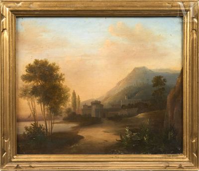 a painting of a river scene with a castle in the distance