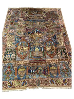an antique persian rug with a colorful design on a white background