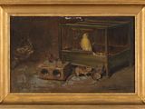 une image représentant un tableau où l'on voit un oiseau dans une cage posée sur une table