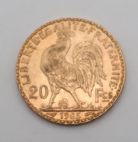 Pièce de monnaie en or à valeur faciale de vingt francs 1905. Fra...
