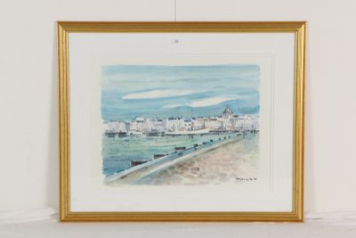une image d'une peinture d'une ville au bord de l'eau