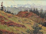 peinture représentant un tableau représentant un paysage de montagne avec des arbres et des buissons