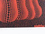 an image of a red and black painting with black dots on it