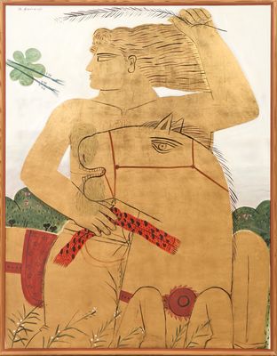 an image of a painting of a man holding a dog
