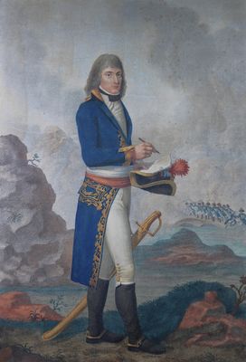 tableau représentant un homme vêtu d'un manteau bleu et d'un pantalon blanc, tenant une épée