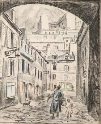 drawing of a woman and child walking down a street in an old town