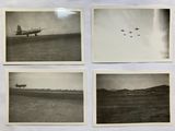 four black and white photographs of airplanes flying over a field