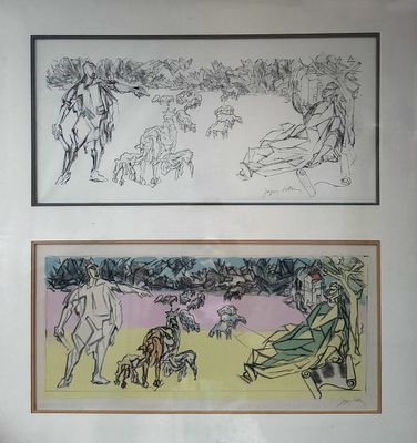 two framed pictures of a man and a woman in a park