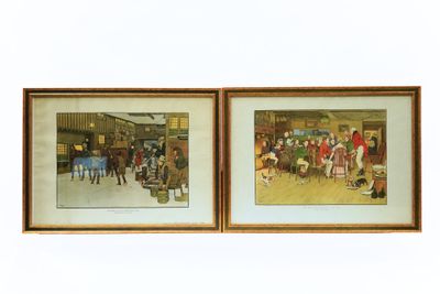 two framed pictures of people in a room with a white wall