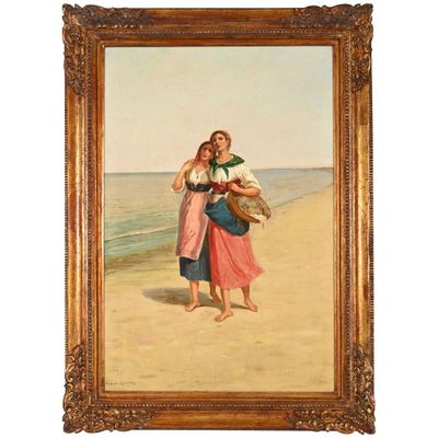 un tableau représentant deux femmes sur la plage avec un panier