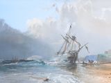 une peinture représentant un bateau sur la plage, au bord de l'eau